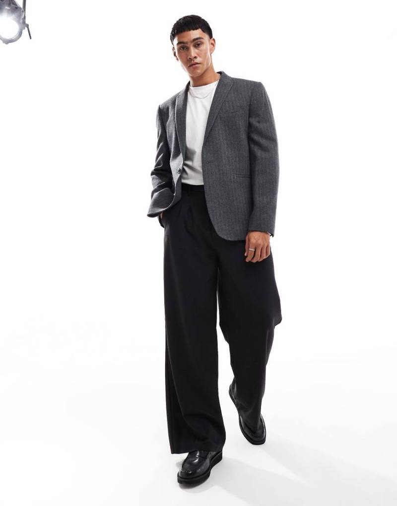 ASOS DESIGN - Anzugjacke aus Wollmix in Anthrazit mit schmalem Schnitt und Fischgrätmuster-Grau von ASOS DESIGN