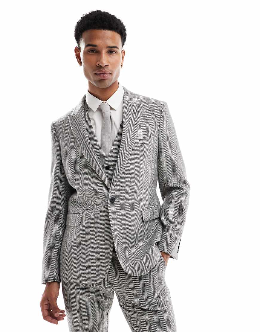 ASOS DESIGN - Anzugjacke aus Wollmix in Grau mit engem Schnitt und Fischgrätmuster von ASOS DESIGN
