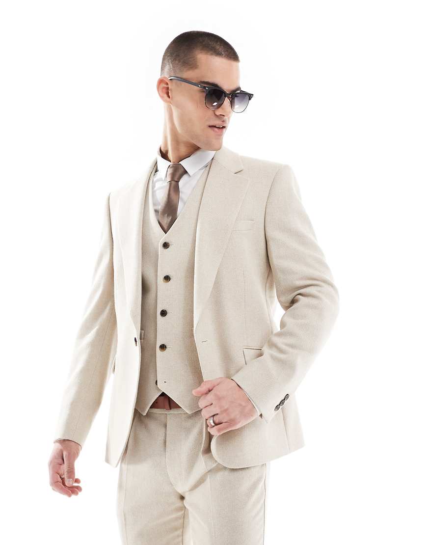 ASOS DESIGN - Anzugjacke aus Wollmix in Steingrau mit engem Schnitt und Fischgrätmuster-Neutral ASOS DESIGN - Anzugjacke aus Wollmix in Steingrau mit engem Schnitt und Fischgrätmuster-Neutral von ASOS DESIGN
