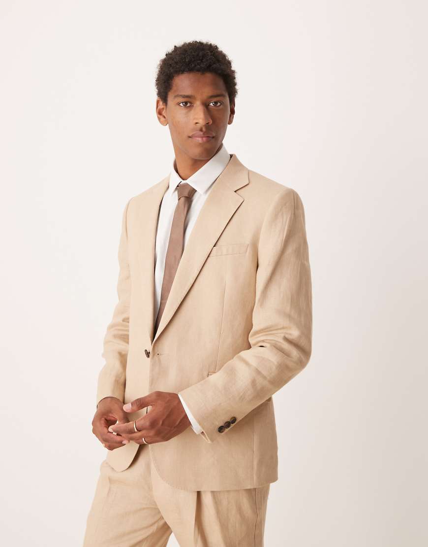 ASOS DESIGN - Anzugjacke mit schmalem Schnitt aus hochwertigem 100%-igem Leinen in Steinbeige-Neutral von ASOS DESIGN
