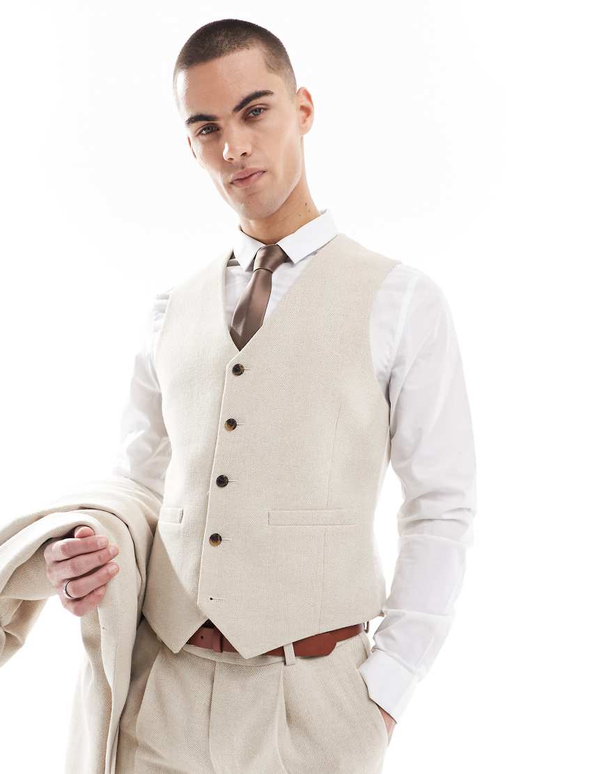 ASOS DESIGN - Anzugweste aus Wollmix in Steingrau mit engem Schnitt und Fischgrätmuster-Neutral von ASOS DESIGN