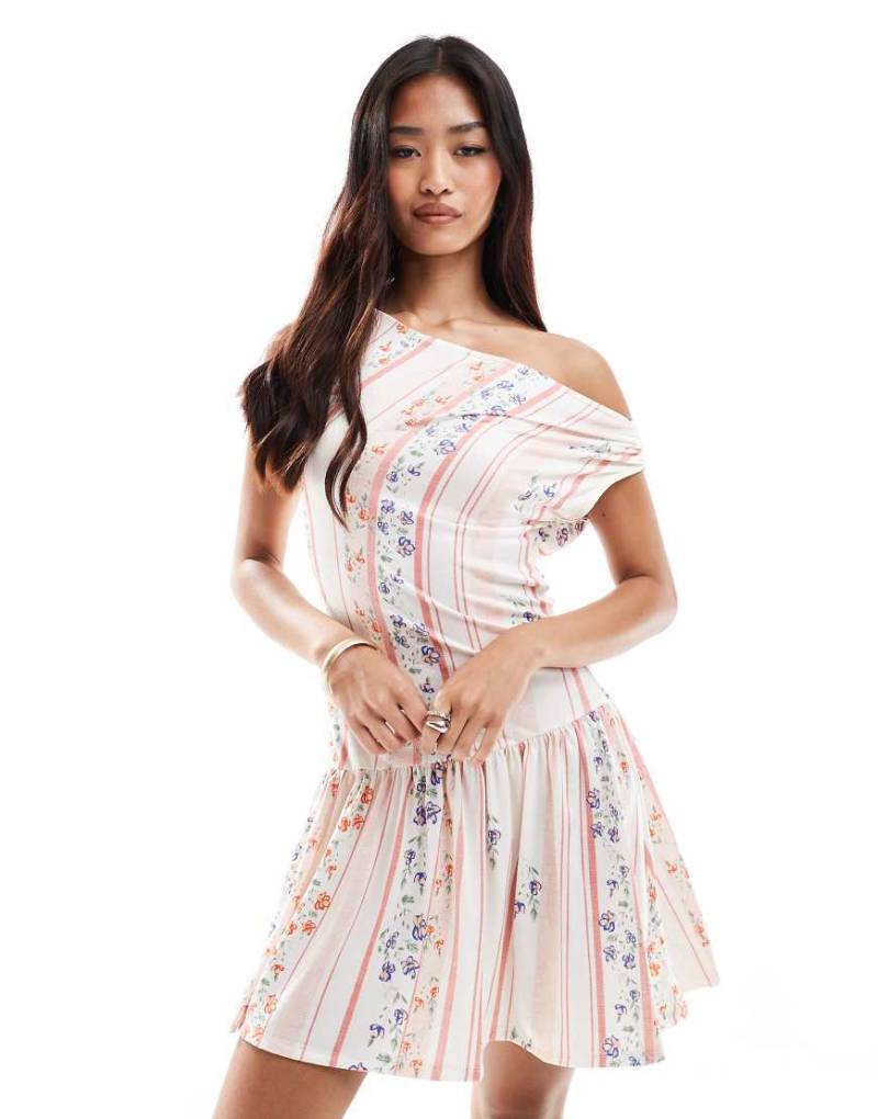 ASOS DESIGN - Asymmetrisch drapiertes Minikleid mit Streifen-Blümchenmuster-Bunt von ASOS DESIGN