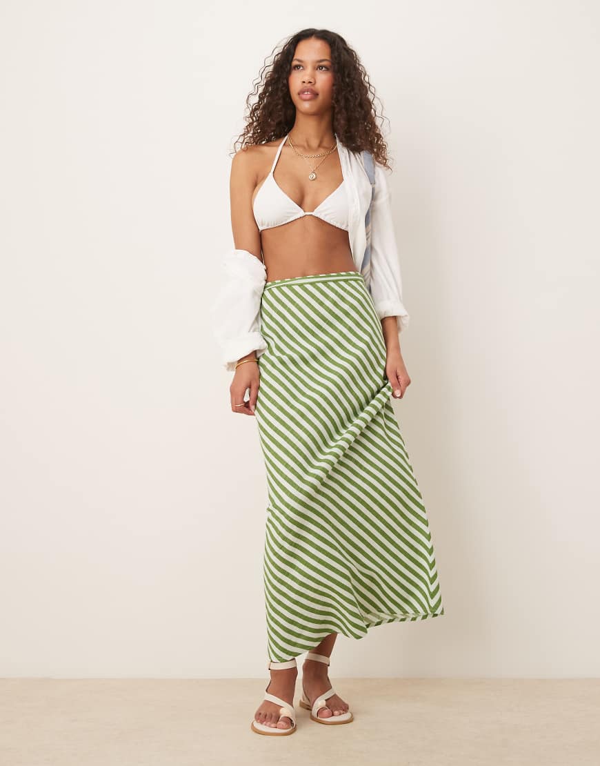ASOS DESIGN - Asymmetrischer Leinenmix-Maxirock mit grünen Streifen-Bunt von ASOS DESIGN