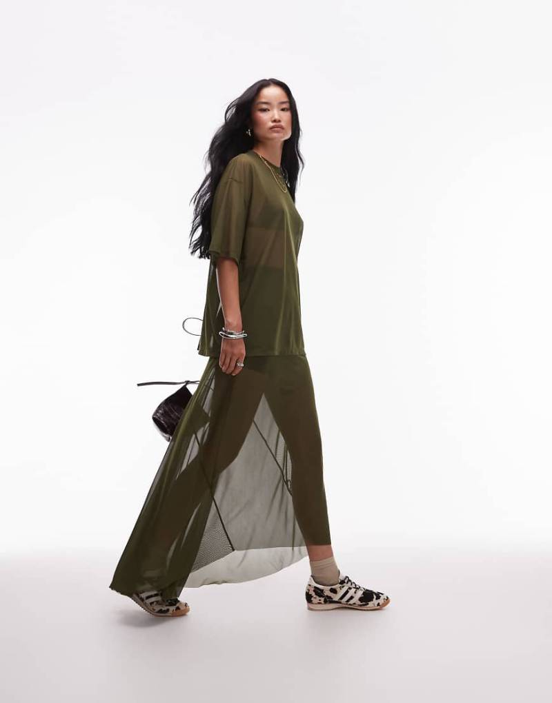 ASOS DESIGN - Asymmetrischer Maxirock aus Netzstoff in Khaki-Grün von ASOS DESIGN