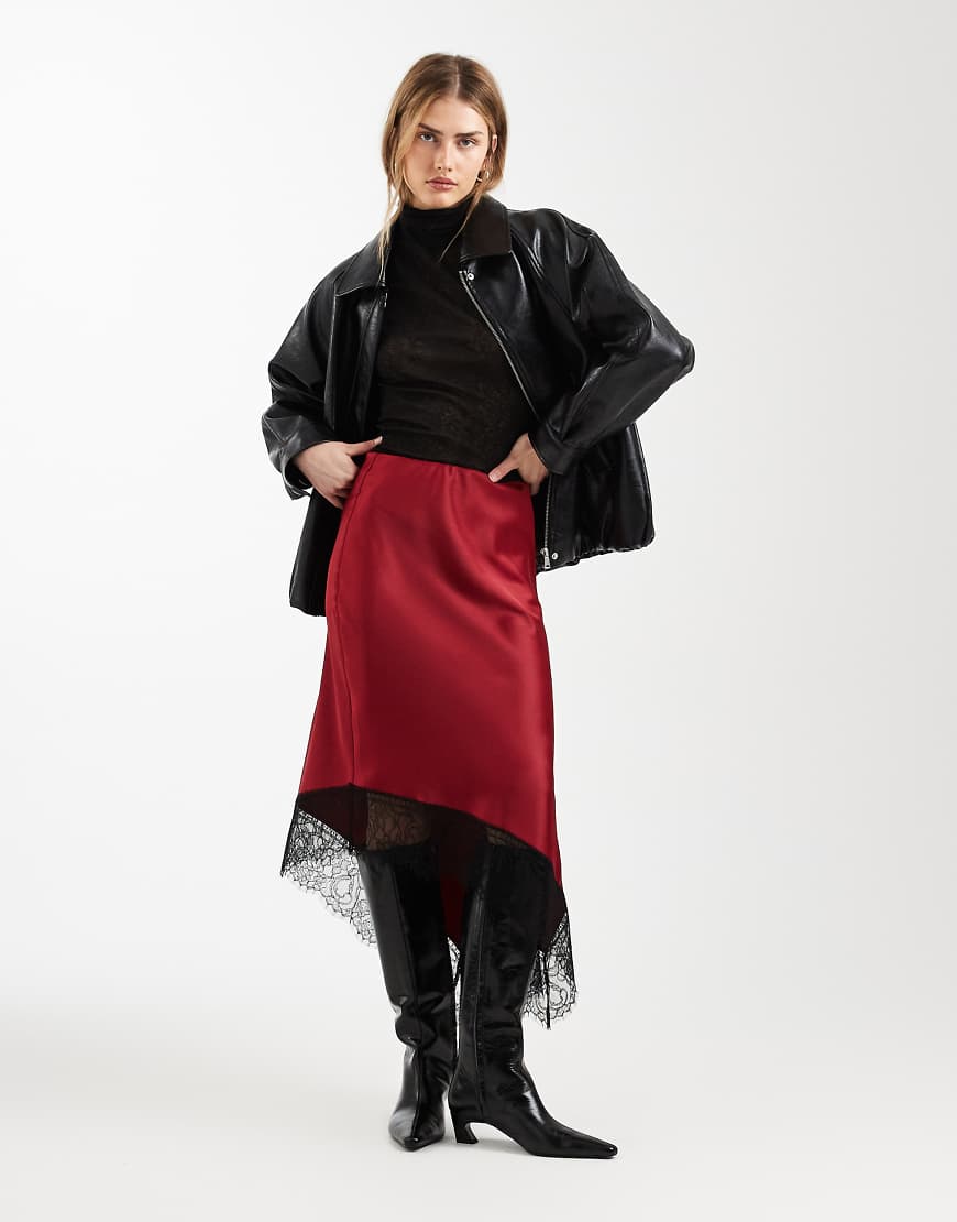 ASOS DESIGN - Asymmetrischer Midirock aus Satin in Rot mit Spitzenbesatz von ASOS DESIGN