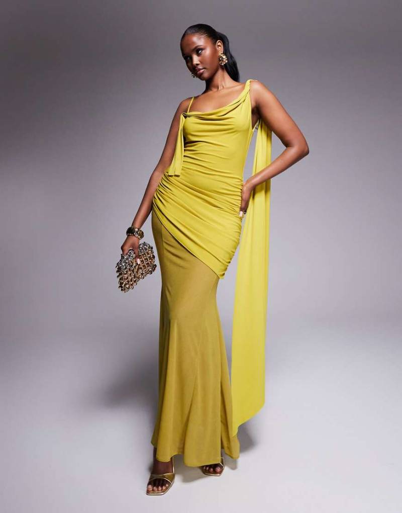 ASOS DESIGN - Asymmetrisches, gerafftes Maxikleid in Chartreuse-Gelb mit transparentem Rock in geschmeidiger Haptik von ASOS DESIGN