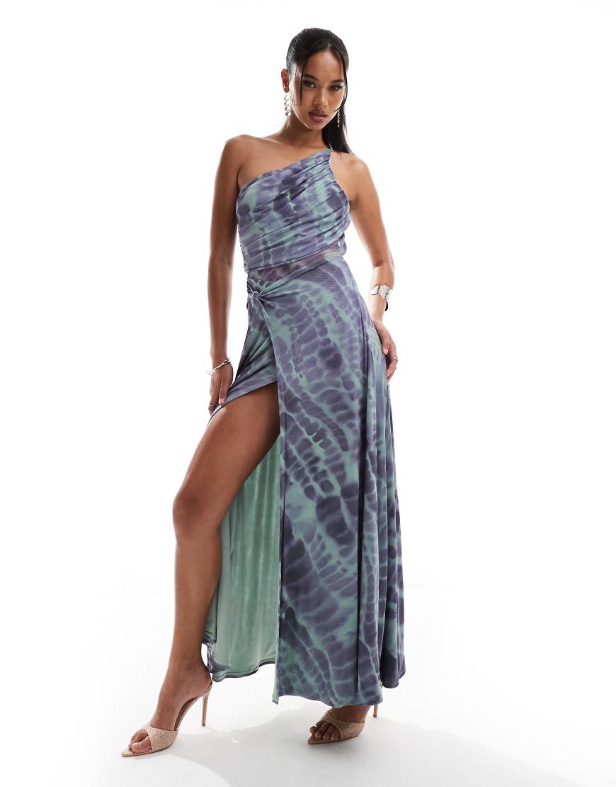 ASOS DESIGN - Asymmetrisches, gerafftes Netzstoff-Maxikleid mit One-Shoulder-Träger, Seitenschlitz und Muster in Grün und Flieder-Bunt von ASOS DESIGN
