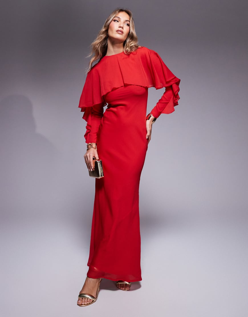 ASOS DESIGN - Asymmetrisches, langärmliges Maxikleid in Rot mit Rüschen und Cape-Detail von ASOS DESIGN