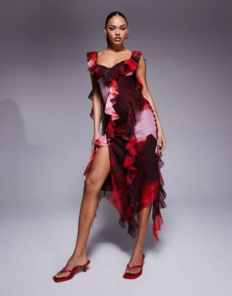 ASOS DESIGN - Asymmetrisches, mehrlagiges Midikleid mit abstraktem Print und Bindeband am Ausschnitt-Bunt von ASOS DESIGN