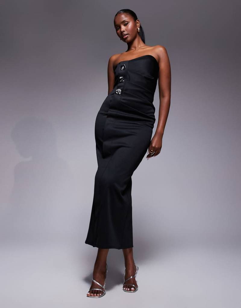 ASOS DESIGN - Asymmetrisches, trägerloses Midikleid aus neoprenartigem Stoff in Schwarz mit goldfarbenen Knöpfen von ASOS DESIGN