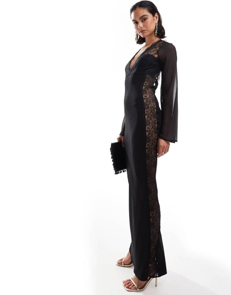 ASOS DESIGN - Asymmetrisches Maxikleid aus Chiffon-Mix in Schwarz mit Cut-Outs und Spitze von ASOS DESIGN