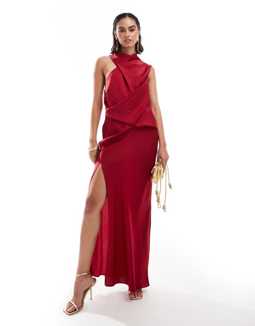 ASOS DESIGN - Asymmetrisches Maxikleid aus Satin in Claret-Rot mit überlangem Schnitt und Neckholder-Träger-Grün ASOS DESIGN - Asymmetrisches Maxikleid aus Satin in Claret-Rot mit überlangem Schnitt und Neckholder-Träger-Grün von ASOS DESIGN