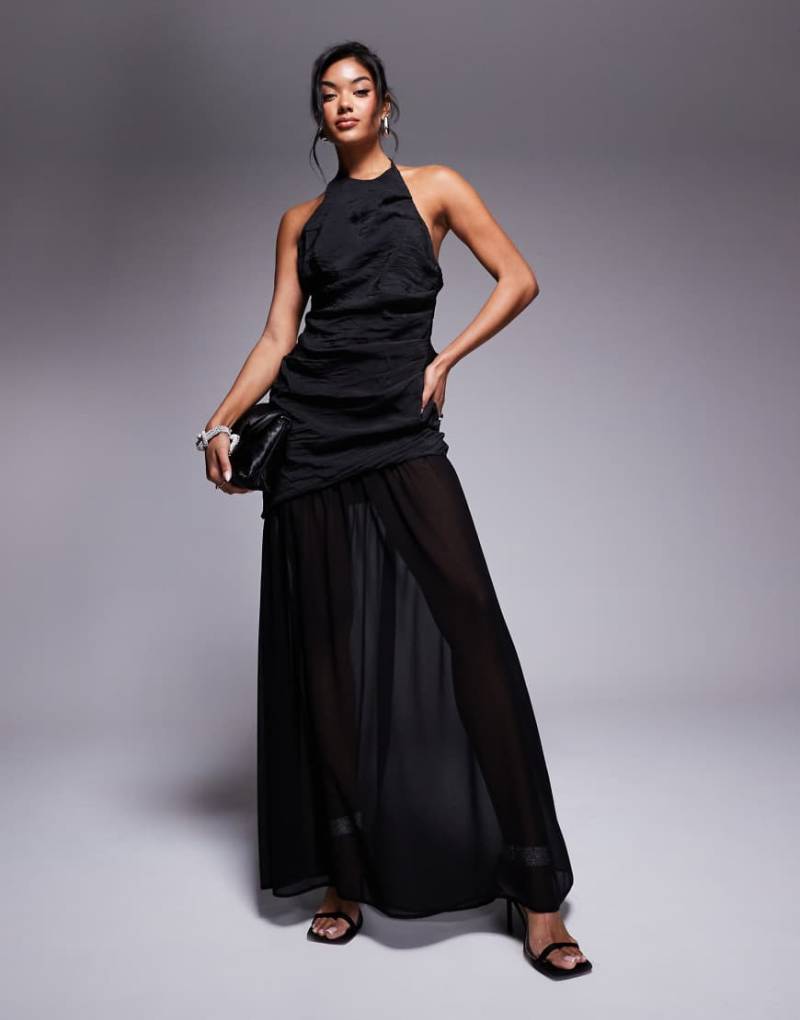ASOS DESIGN - Asymmetrisches Maxikleid in Schwarz mit Neckholder, Rüschen und Rock aus aus Chiffon von ASOS DESIGN