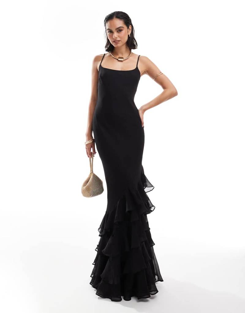 ASOS DESIGN - Asymmetrisches Maxikleid in Schwarz mit U-Ausschnitt und Rüschensaum von ASOS DESIGN