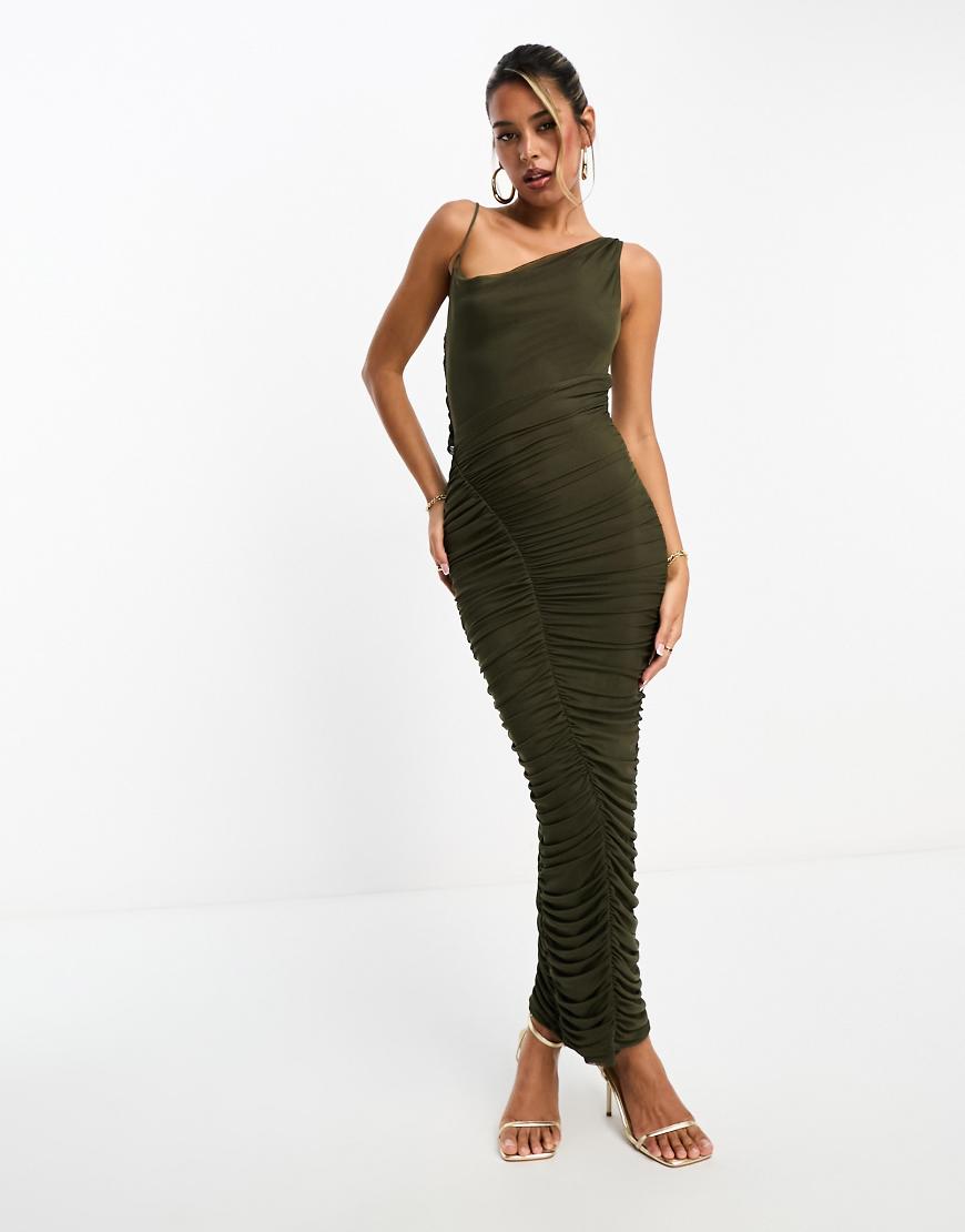ASOS DESIGN - Asymmetrisches Midi-Trägerkleid in Khaki mit Wasserfallausschnitt und diagonal gerafftem Rock-Bunt ASOS DESIGN - Asymmetrisches Midi-Trägerkleid in Khaki mit Wasserfallausschnitt und diagonal gerafftem Rock-Bunt von ASOS DESIGN