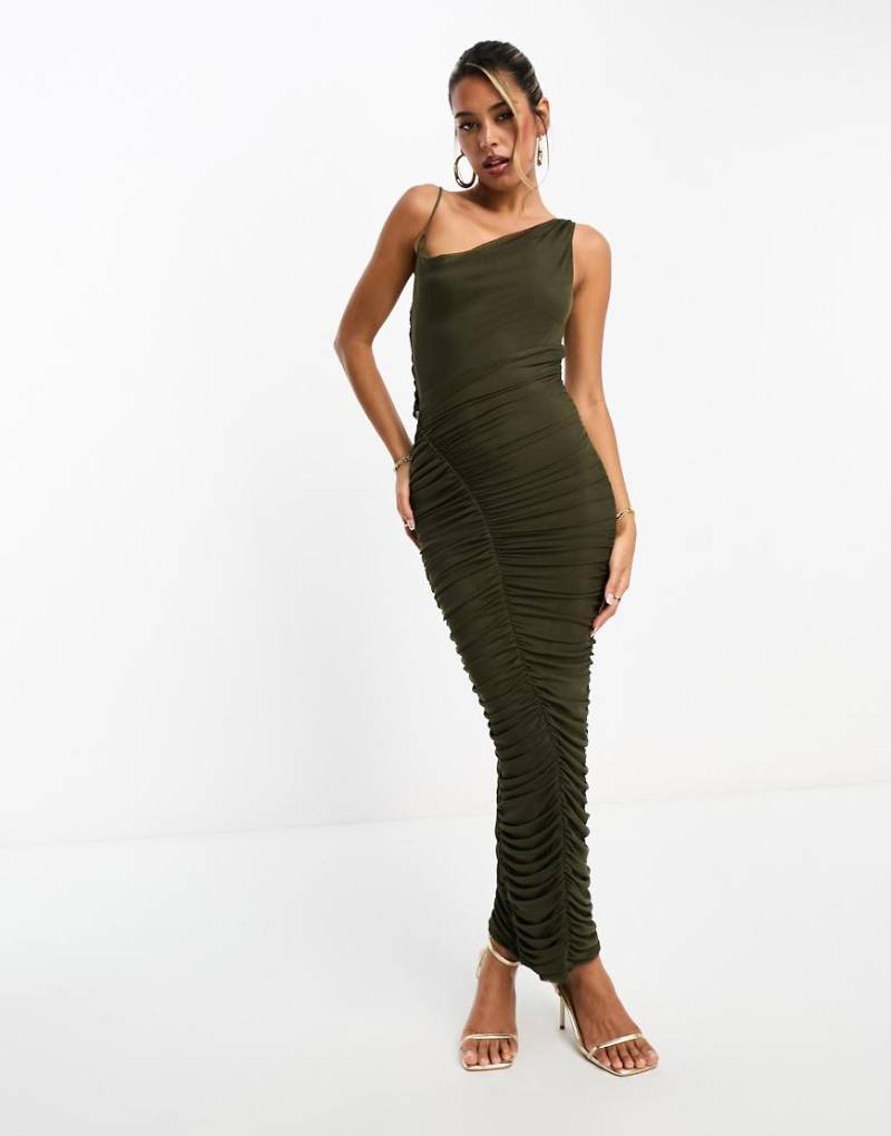 ASOS DESIGN - Asymmetrisches Midi-Trägerkleid in Khaki mit Wasserfallausschnitt und diagonal gerafftem Rock-Bunt ASOS DESIGN - Asymmetrisches Midi-Trägerkleid in Khaki mit Wasserfallausschnitt und diagonal gerafftem Rock-Bunt von ASOS DESIGN