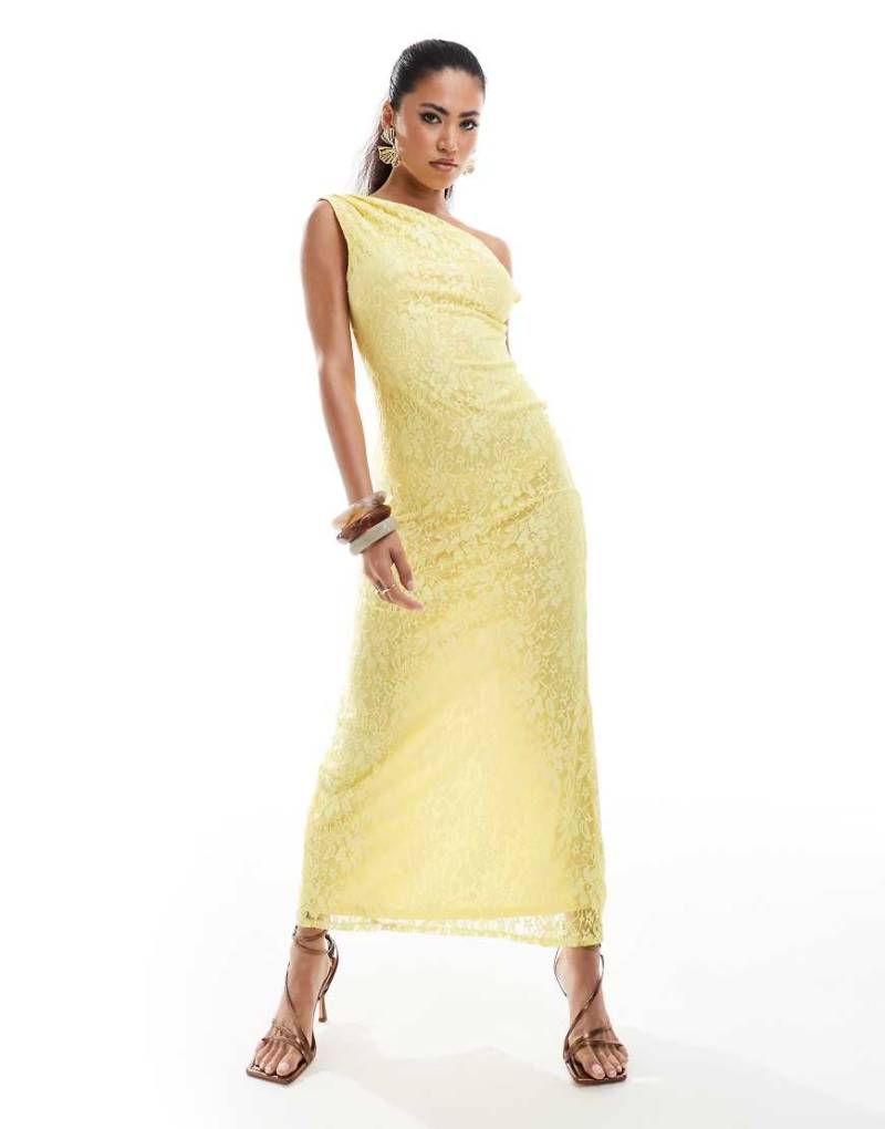 ASOS DESIGN - Asymmetrisches Midikleid aus zitronengelber Spitze mit verdrehtem Träger von ASOS DESIGN