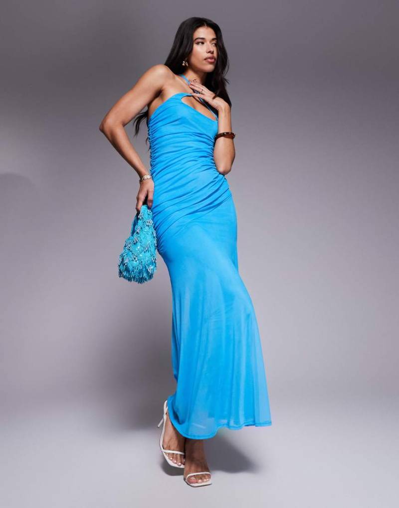 ASOS DESIGN - Asymmetrisches Netzstoff-Maxikleid in Blau mit Riemchen-Design und geraffter Rückseite von ASOS DESIGN