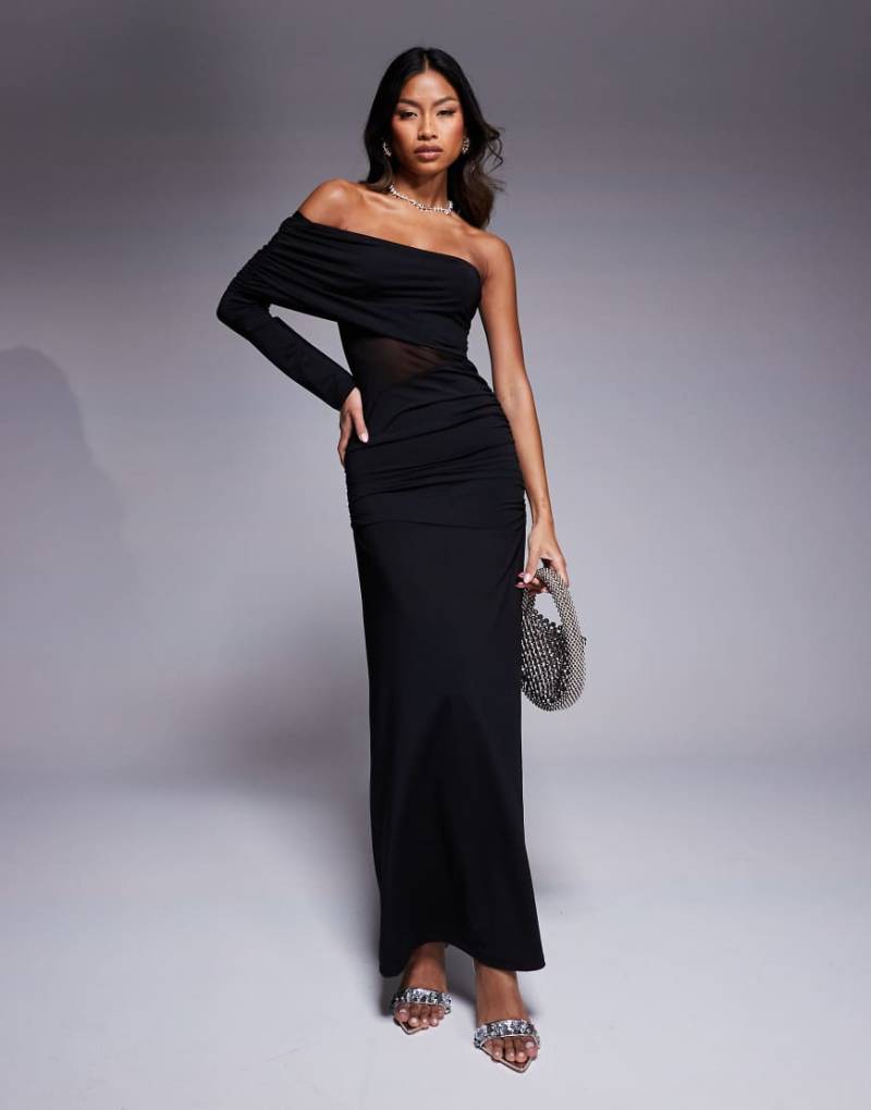 ASOS DESIGN - Asymmetrisches One-Shoulder-Maxikleid aus Netzstoff in Schwarz mit Cut-out von ASOS DESIGN