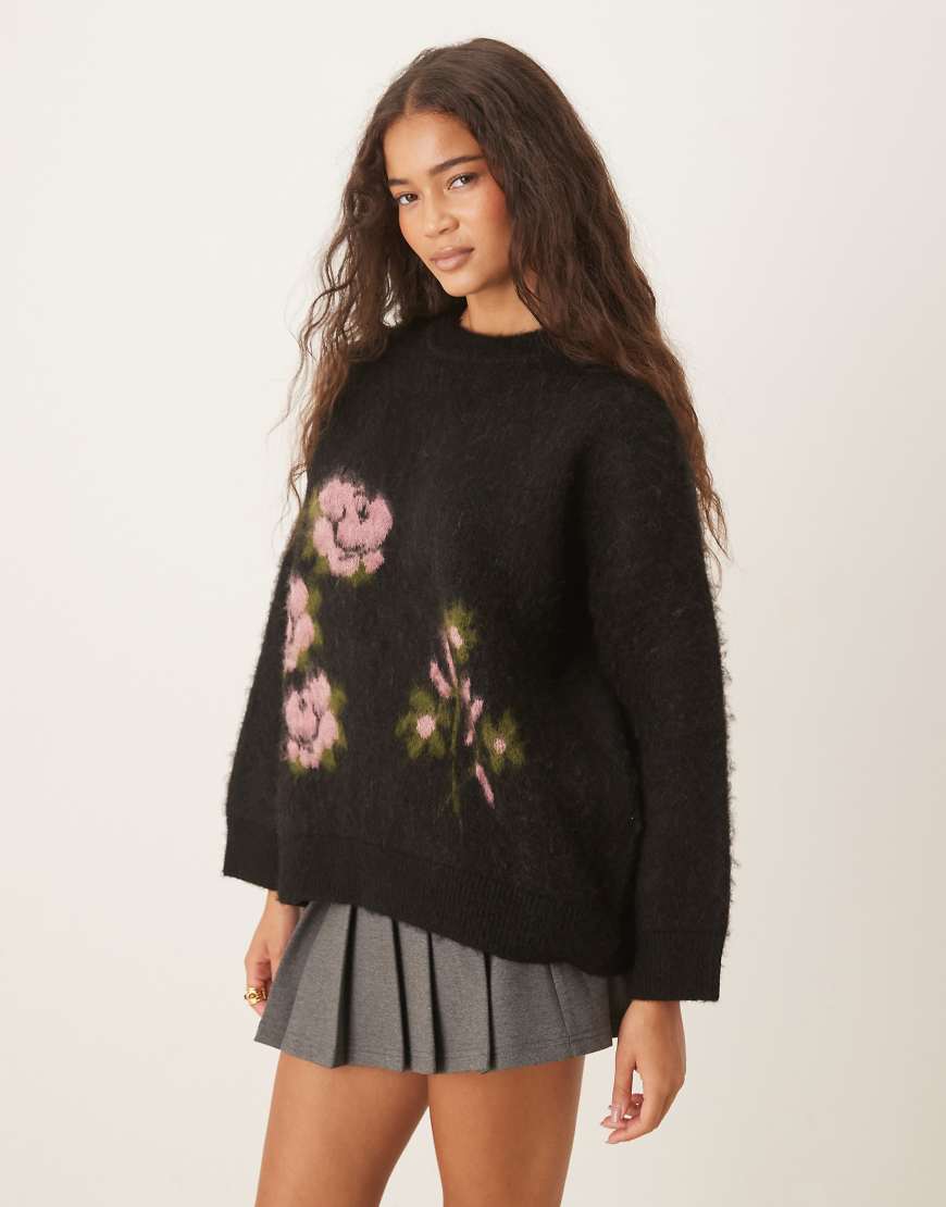 ASOS DESIGN - Aufgerauter Strickpullover mit Blumenmuster-Schwarz ASOS DESIGN - Aufgerauter Strickpullover mit Blumenmuster-Schwarz von ASOS DESIGN