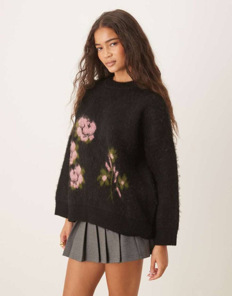 ASOS DESIGN - Aufgerauter Strickpullover mit Blumenmuster-Schwarz von ASOS DESIGN