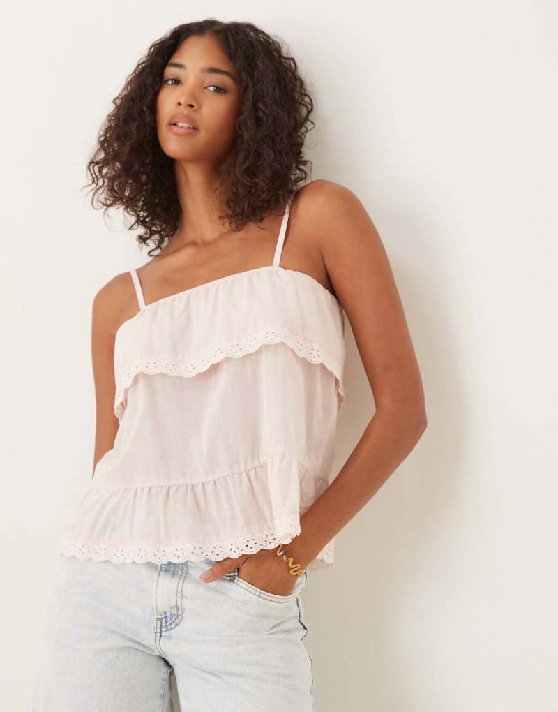 ASOS DESIGN - Babydoll-Camisole aus Baumwolle in Rosa mit Spitzenborte von ASOS DESIGN