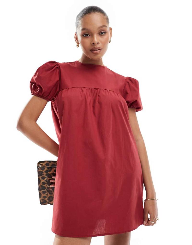 ASOS DESIGN - Babydoll-Hängerkleid in Rot aus Popeline mit Puffärmeln von ASOS DESIGN