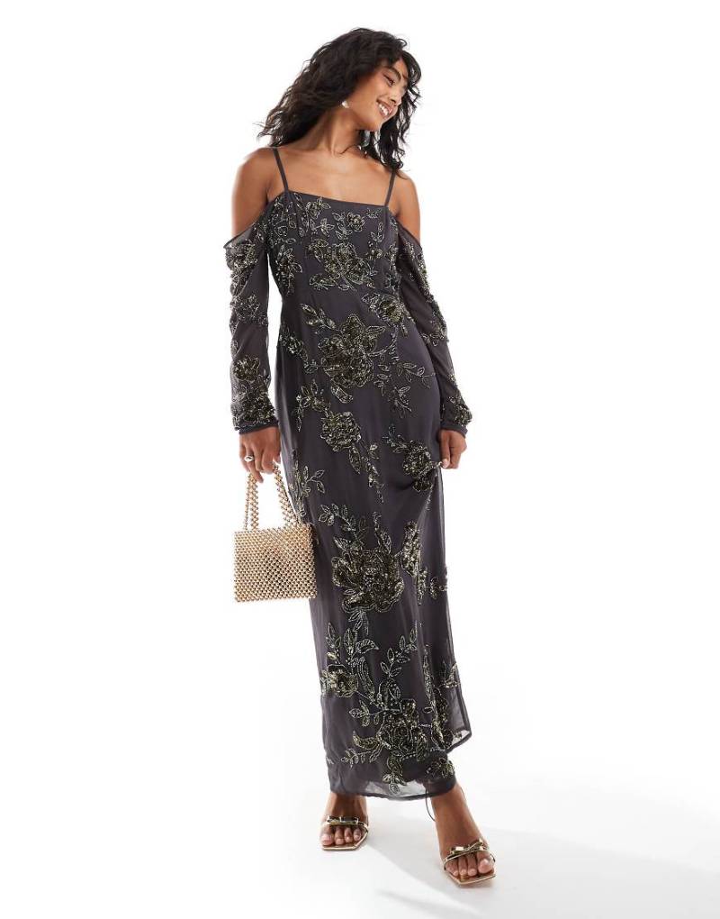 ASOS DESIGN - Bardot-Maxikleid in Anthrazit mit langen Ärmeln und Verzierungen-Grau von ASOS DESIGN