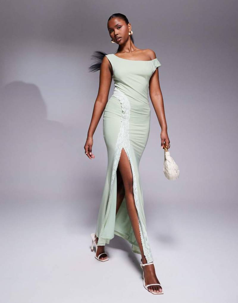 ASOS DESIGN - Bardot-Maxikleid in Salbeigrün mit seitlichem Spitzenbesatz und Schlitz-Blau von ASOS DESIGN