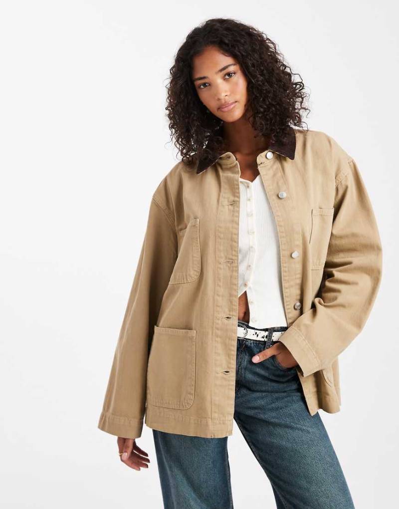ASOS DESIGN - Barn-Jacke aus Denim in Steinbeige mit kontrastierendem Kragen-Neutral von ASOS DESIGN