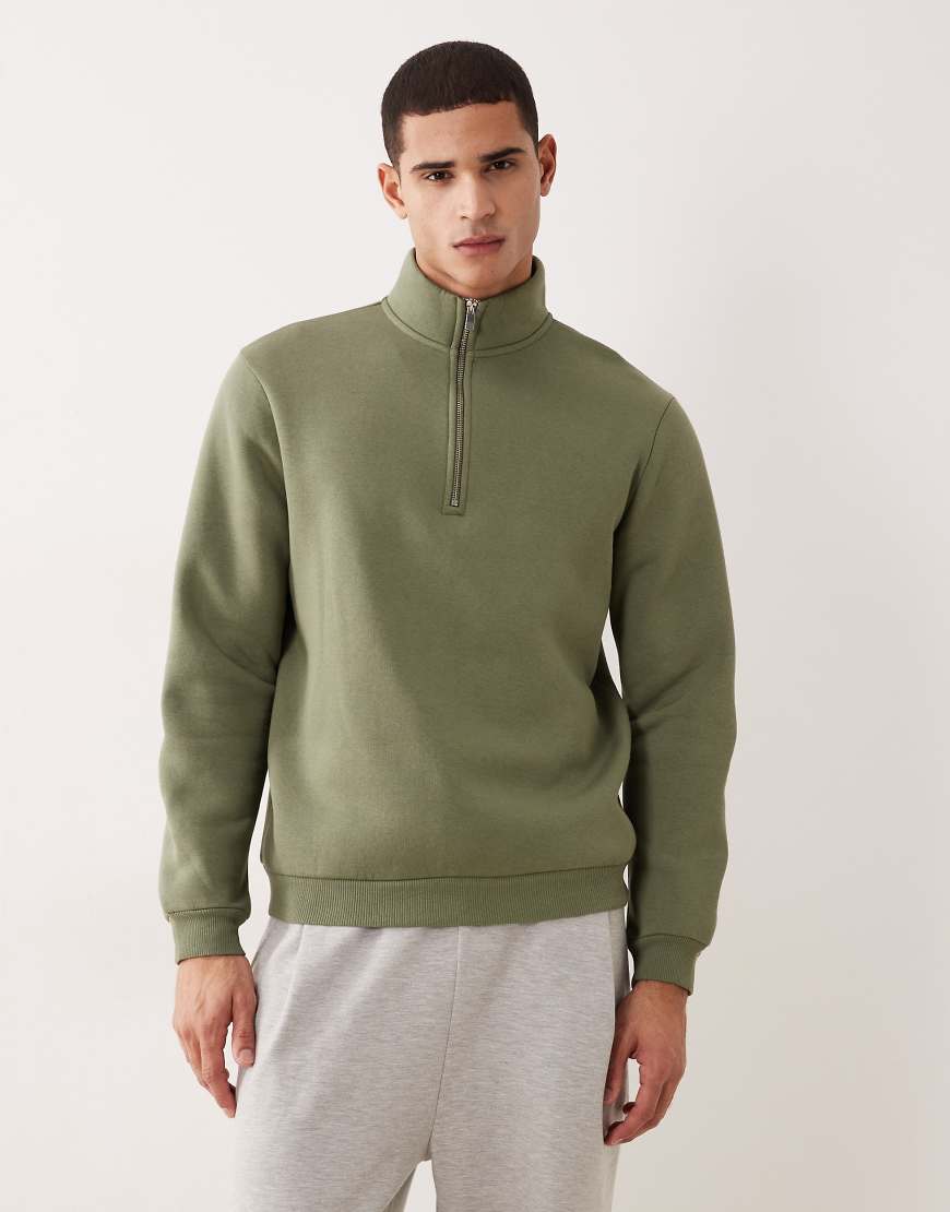 ASOS DESIGN - Basic-Sweatshirt in staubigem Olivgrün mit halblangem Reißverschluss von ASOS DESIGN