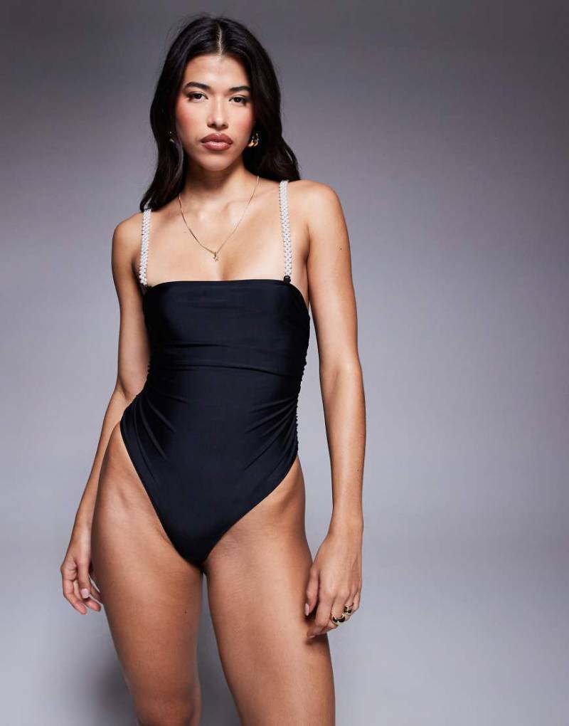 ASOS DESIGN - Bea - Badeanzug in Schwarz mit Perlen-Bunt von ASOS DESIGN