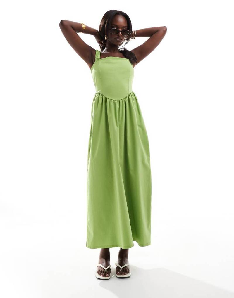 ASOS DESIGN - Bengaline-Midikleid im 90er-Stil in Limettengrün mit weitem Rock und eckigem Ausschnitt von ASOS DESIGN