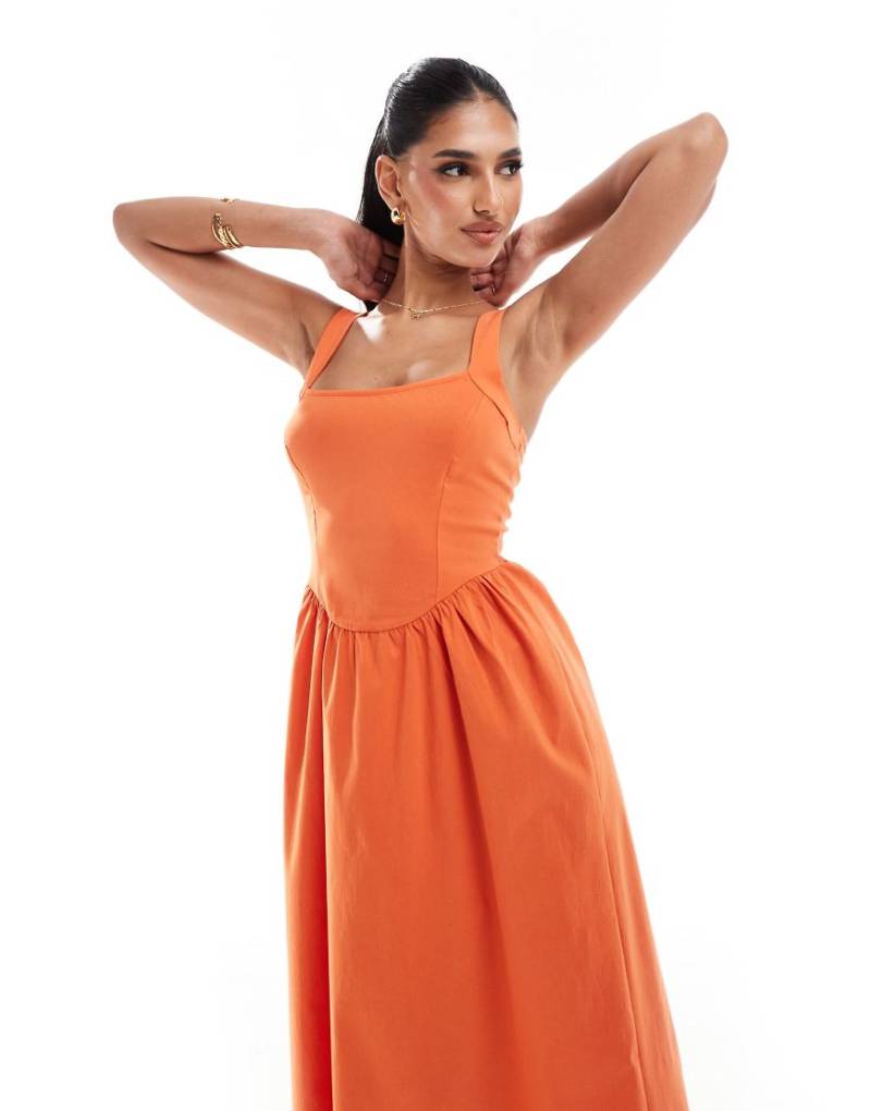ASOS DESIGN - Bengaline-Midikleid im 90er-Stil in Orange mit weitem Rock und eckigem Ausschnitt von ASOS DESIGN
