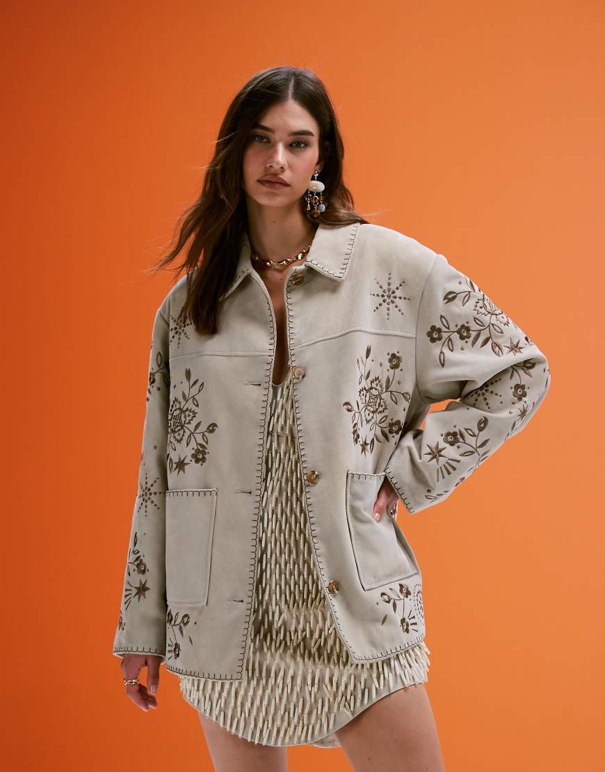 ASOS DESIGN - Bestickte Jacke aus Wildleder in Steinbeige-Keine Farbe von ASOS DESIGN