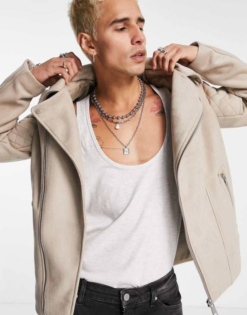 ASOS DESIGN - Bikerjacke aus Wildlederimitat in Stein-Neutral von ASOS DESIGN