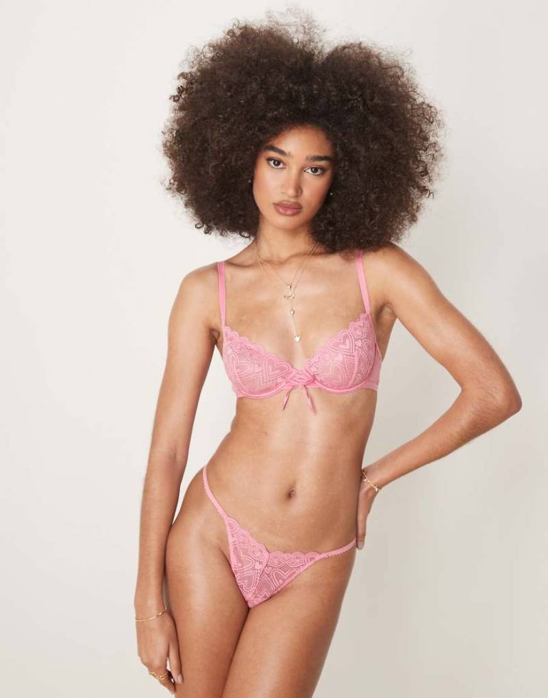 ASOS DESIGN - Blake - Bügel-BH aus Spitze in Rosa mit Herzmuster und Korsett-Detail-Rot von ASOS DESIGN