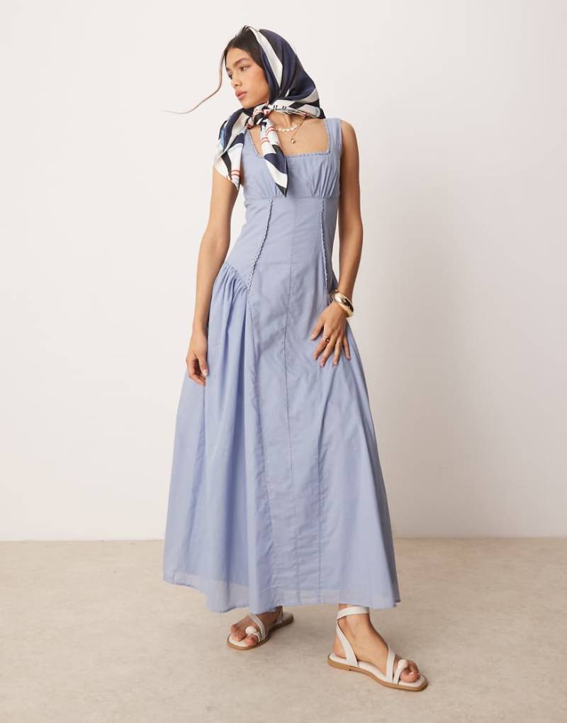 ASOS DESIGN - Blaues Western-Maxikleid mit eckigem Ausschnitt und tief angesetzter Taille von ASOS DESIGN