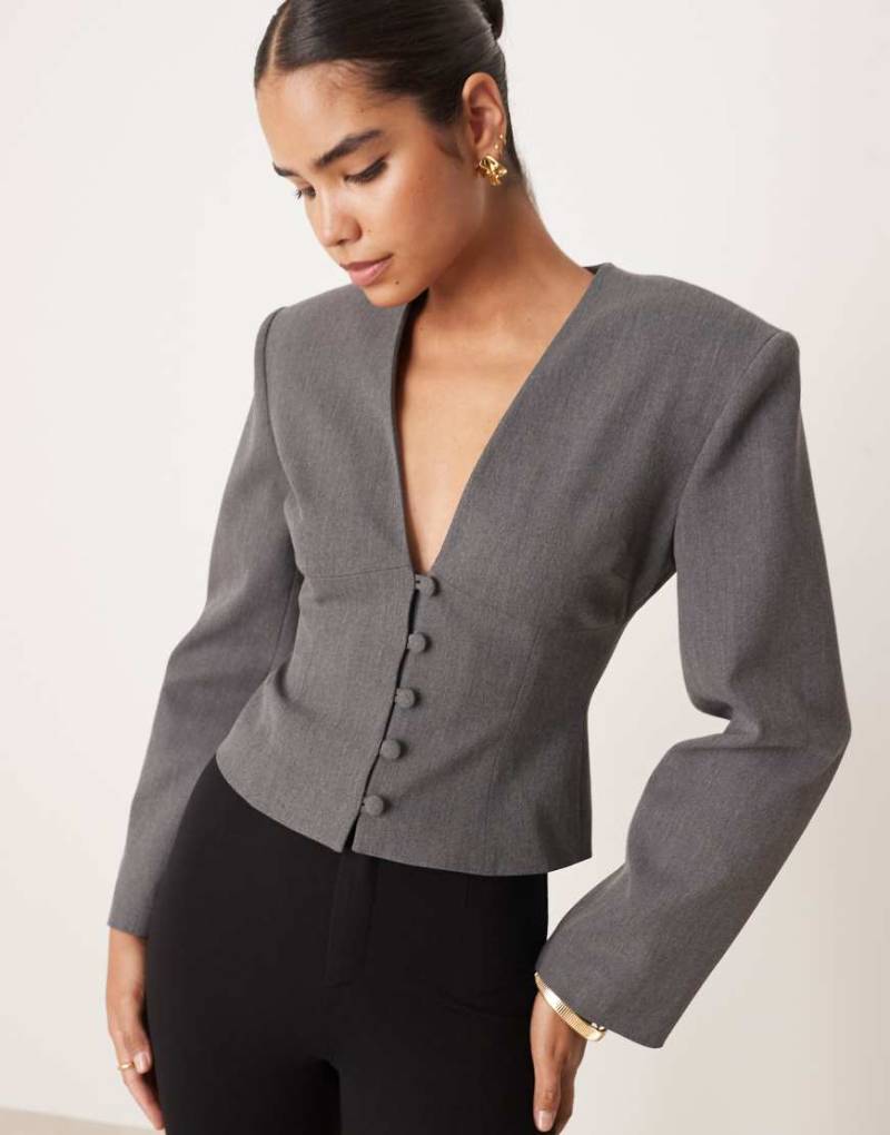 ASOS DESIGN - Blazer in Grau meliert mit tiefem Ausschnitt und betonter Taille von ASOS DESIGN