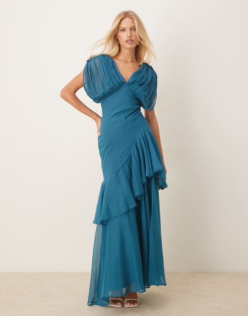 ASOS DESIGN - Blouson-Maxikleid in sattem Petrol mit Rüschensaum und Schrägschnitt-Blau von ASOS DESIGN