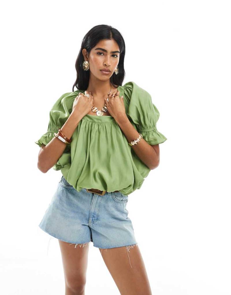 ASOS DESIGN - Bluse in Grün mit eckigem Ausschnitt und Puffärmeln-Bunt von ASOS DESIGN