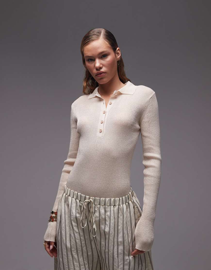 ASOS DESIGN - Body aus Rippstrick in Ecru mit Polokragen und Knopfleiste-Gelb von ASOS DESIGN