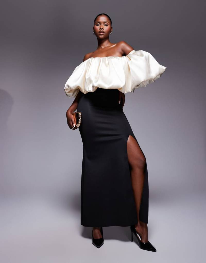 ASOS DESIGN - Bodycon-Maxikleid in Schwarz mit bauschigem Bardot-Oberteil in Weiß-Bunt von ASOS DESIGN