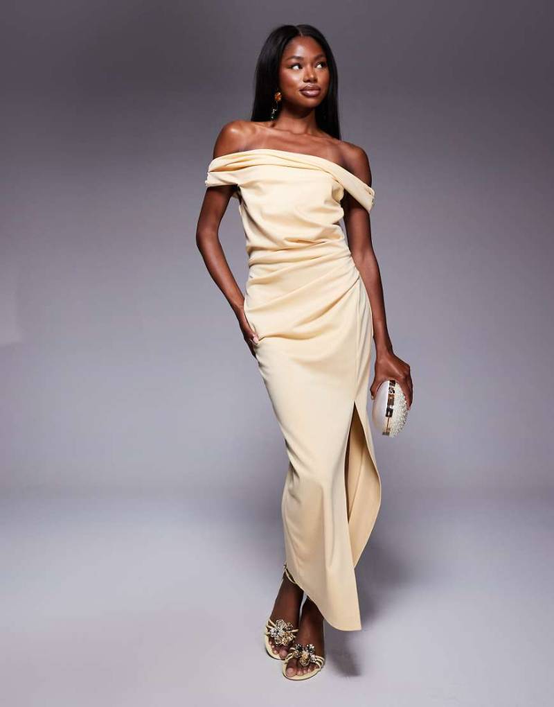 ASOS DESIGN - Bodycon-Midikleid in Hellgelb mit verdrehtem Carmen-Ausschnitt von ASOS DESIGN