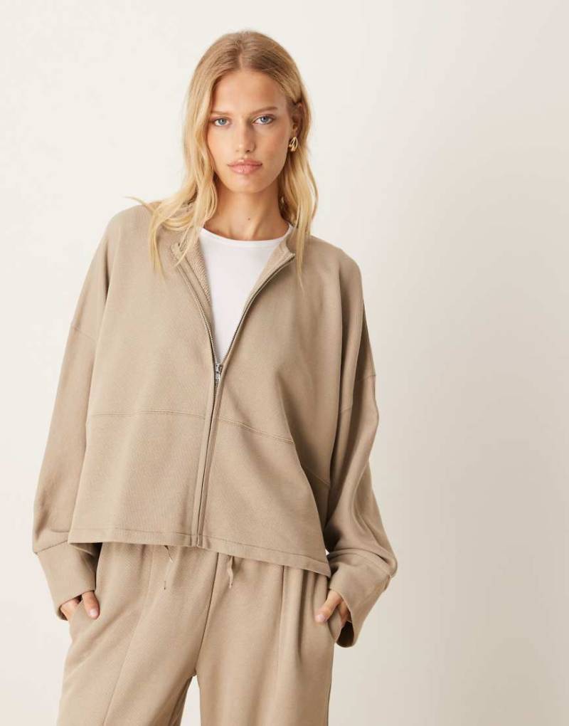 ASOS DESIGN - Bomber-Sweatjacke in Khaki mit Reißverschluss, Kombiteil-Grün von ASOS DESIGN