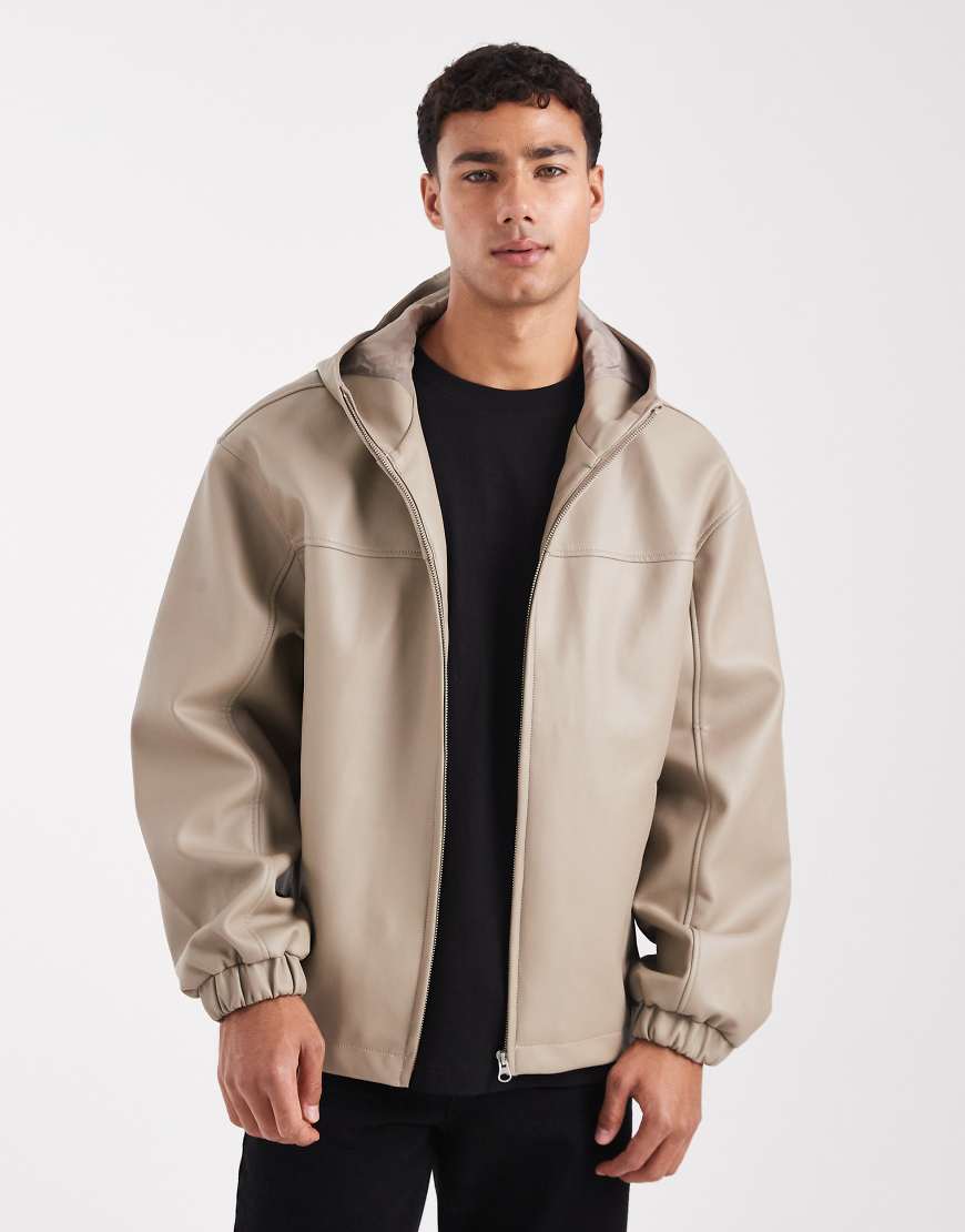 ASOS DESIGN - Bomberjacke aus Kunstleder in Pilzbraun mit Kapuze-Neutral von ASOS DESIGN