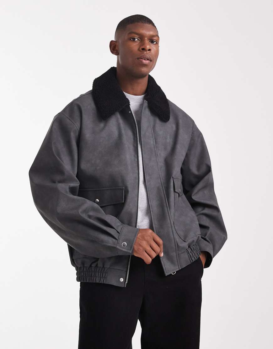 ASOS DESIGN - Bomberjacke in Grau mit abgesetztem Teddyfell-Kragen von ASOS DESIGN