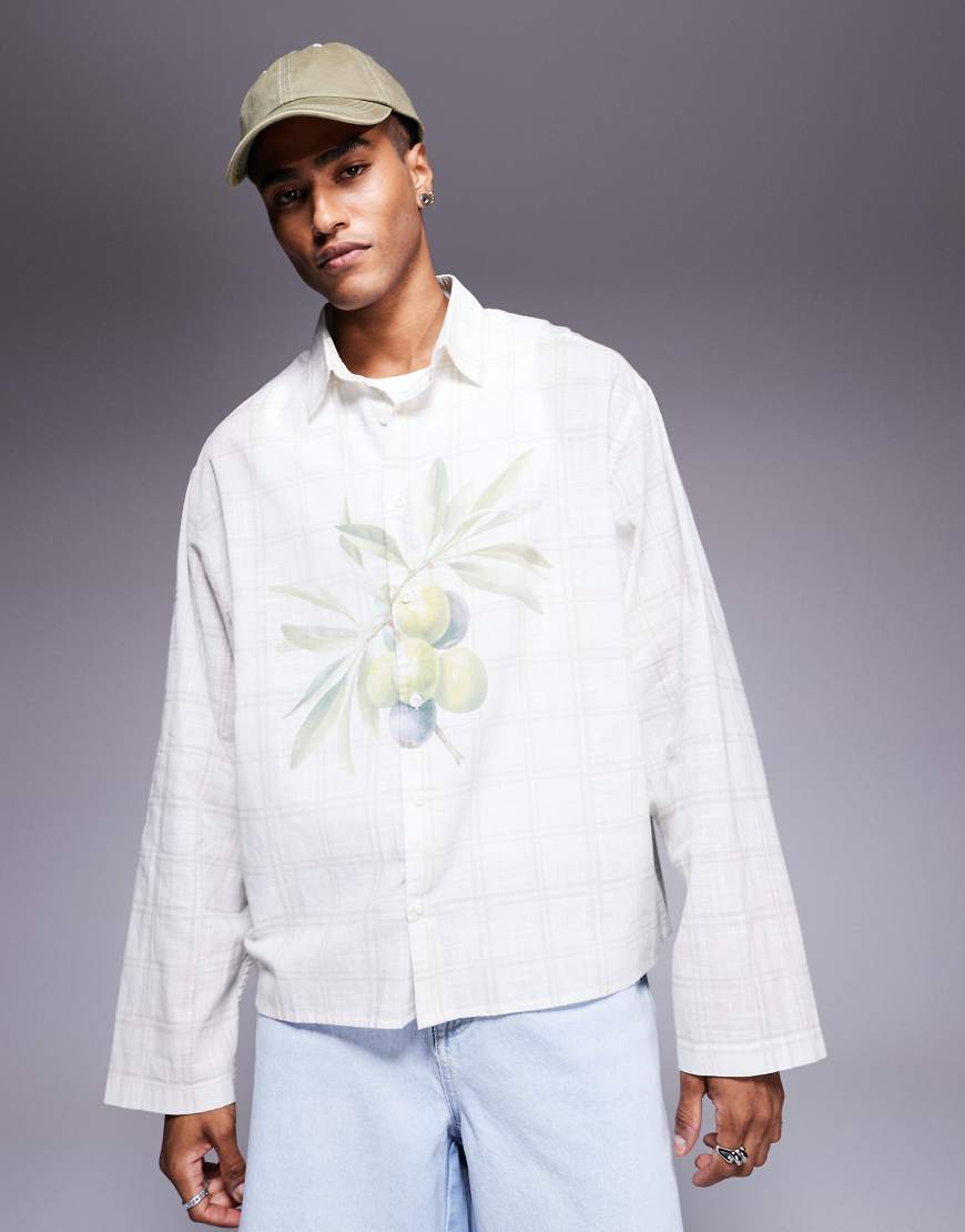 ASOS DESIGN - Boxy Fit Oversize-Hemd in Neutral mit Karomuster und Früchte-Print-Weiß von ASOS DESIGN