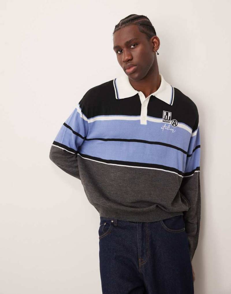 ASOS DESIGN - Boxy Fit Oversize-Rugby-Polohemd aus mehrfarbigem Strick mit Logo-Bunt von ASOS DESIGN