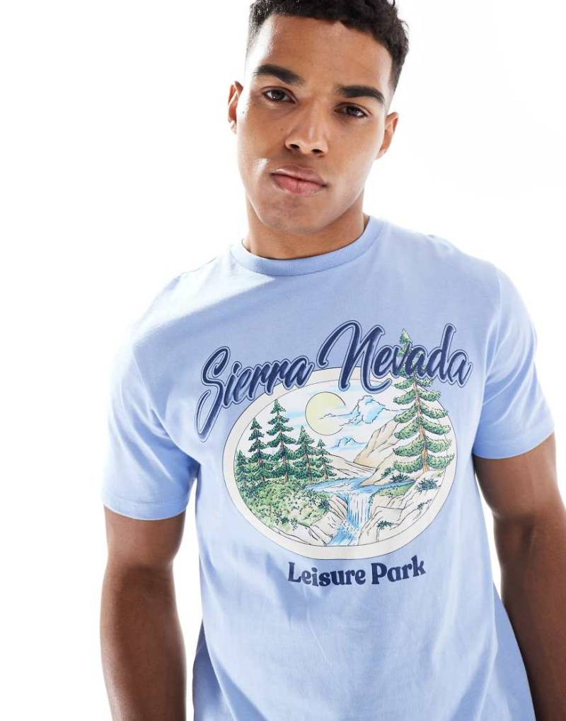 ASOS DESIGN - Boxy Standard Fit T-Shirt in Blassblau mit Landschaftsgrafik von ASOS DESIGN